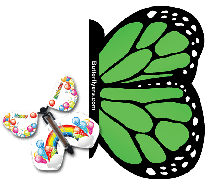 Green Monarch Exploding Butterfly Card with Birthday Rainbows wind up flying butterfly from butterflyers.com