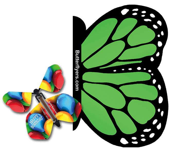 Green Monarch Exploding Butterfly Card with Birthday Balloons wind up flying butterfly from butterflyers.com