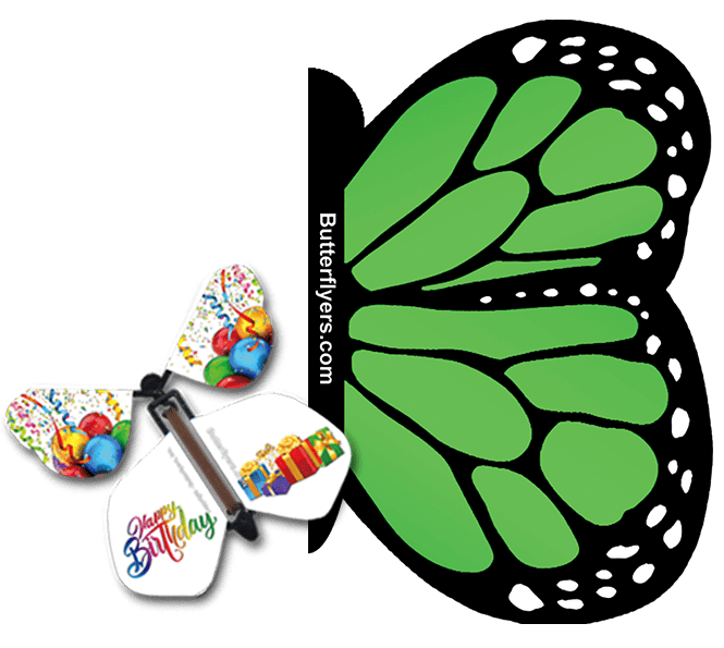Green Monarch Exploding Butterfly Card with Birthday Gifts wind up flying butterfly from butterflyers.com