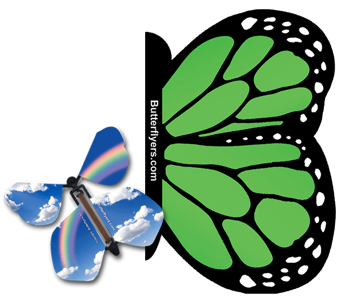 Green Monarch Exploding Butterfly Card with Blue Sky Rainbow wind up flying butterfly from butterflyers.com