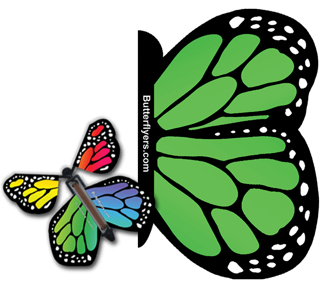Green Monarch Exploding Butterfly Card with Rainbow Monarch wind up flying butterfly from butterflyers.com