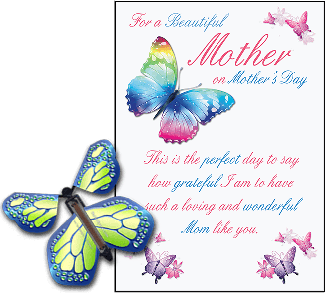 Mothers Day greeting card with Cobalt Green wind up flying butterfly from butterflyers.com