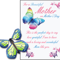Mothers Day greeting card with Cobalt Green wind up flying butterfly from butterflyers.com