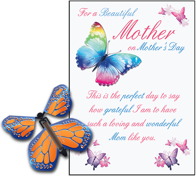 Mothers Day greeting card with Cobalt Orange wind up flying butterfly from butterflyers.com