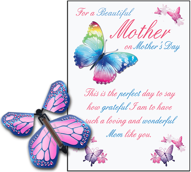 Mothers Day greeting card with Cobalt Pink wind up flying butterfly from butterflyers.com