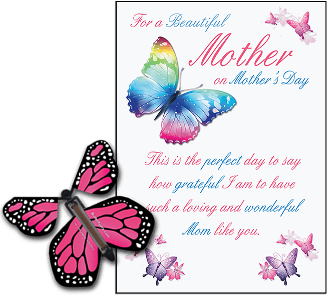 Mothers Day greeting card with Pink wind up flying butterfly from butterflyers.com