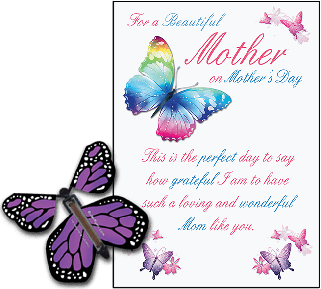 Mothers Day greeting card with Purple wind up flying butterfly from butterflyers.com