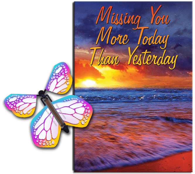 Miss You Much greeting card with Bismuth flying butterfly from butterflyers.com