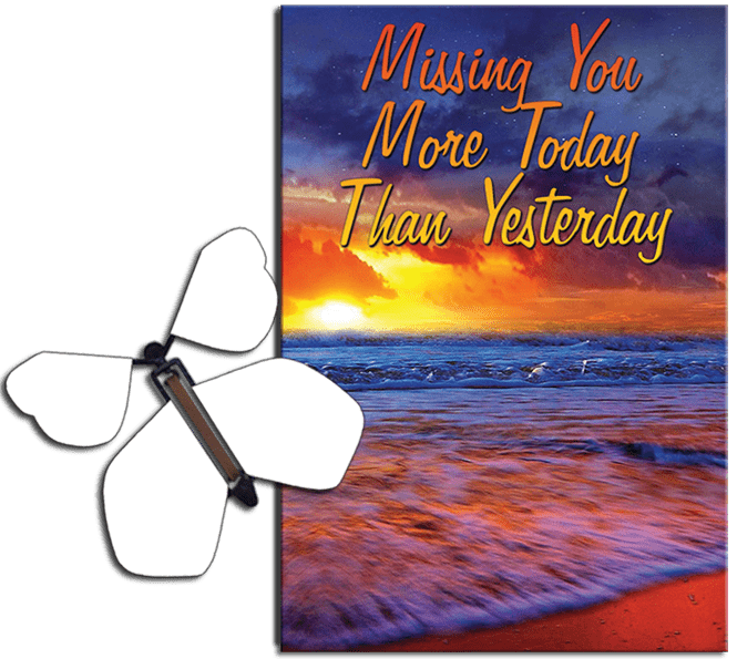Miss You Much greeting card with Blank flying butterfly from butterflyers.com