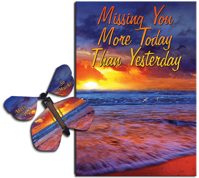 Miss You Much greeting card with Miss You Much flying butterfly from butterflyers.com