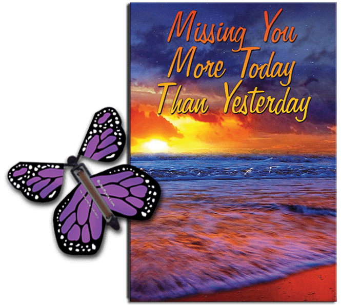 Miss You Much greeting card with Purple flying butterfly from butterflyers.com