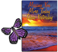 
              Miss You Much greeting card with Purple flying butterfly from butterflyers.com
            