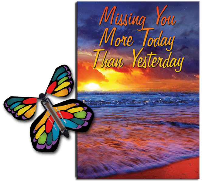 Miss You Much greeting card with Stained Glass flying butterfly from butterflyers.com