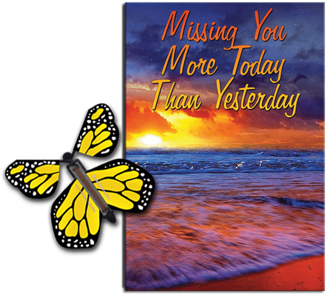 Miss You Much greeting card with Yellow flying butterfly from butterflyers.com