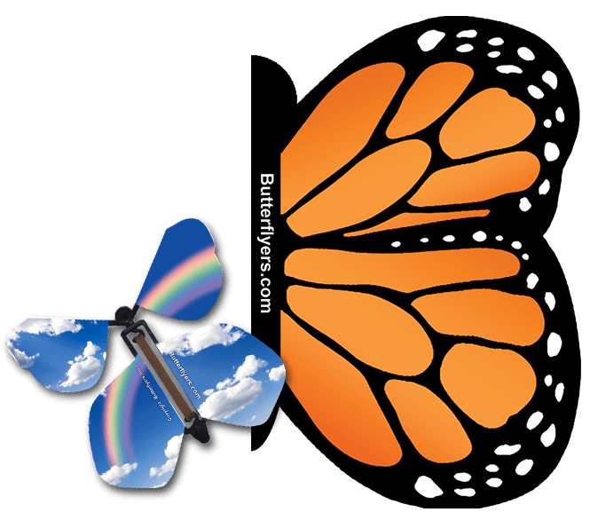 Orange Monarch Exploding Butterfly Card with Blue Sky Rainbow wind up flying butterfly from butterflyers.com