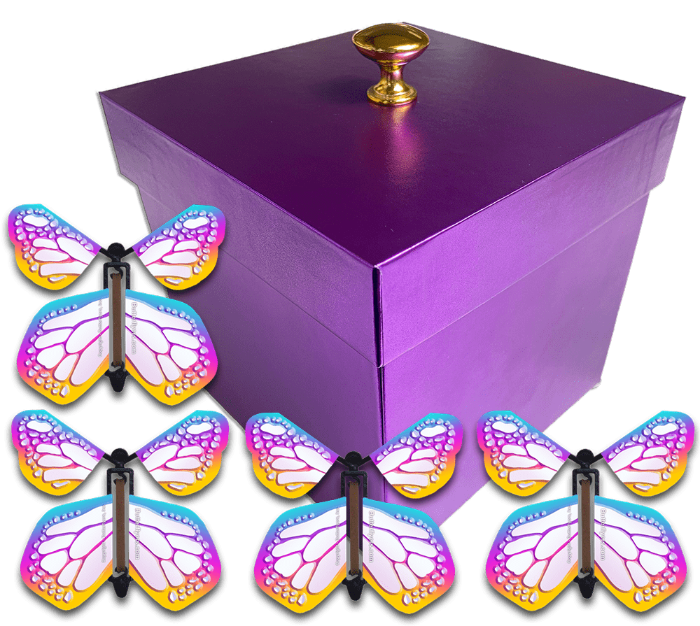 Purple Easter Exploding Butterfly Gift Box With 4 Bismuth Color Wind Up Flying Butterflies from butterflyers.com