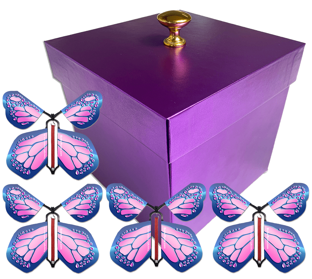 Purple Easter Exploding Butterfly Gift Box With 4 Cobalt Pink Wind Up Flying Butterflies from butterflyers.com