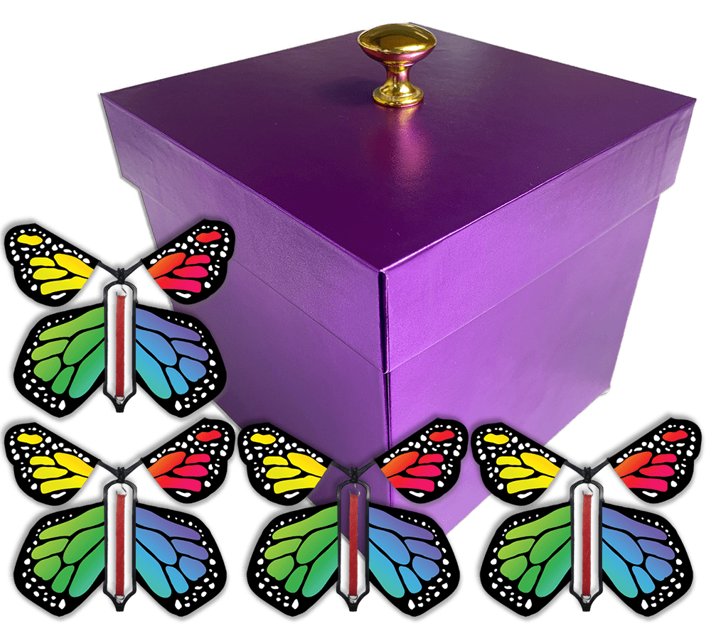 Purple Easter Exploding Butterfly Gift Box With 4 Rainbow Monarch Wind Up Flying Butterflies from butterflyers.com