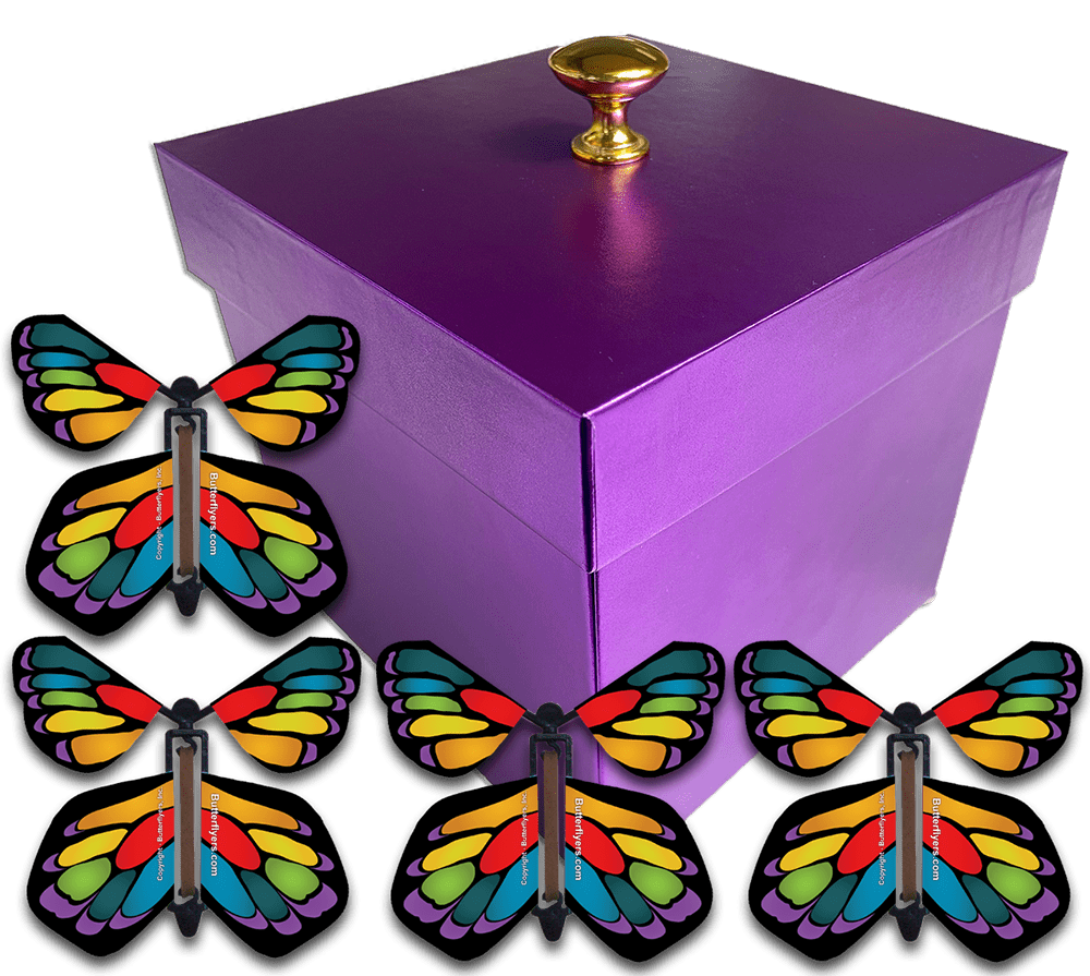 Purple Easter Exploding Butterfly Gift Box With 4 Stained Glass Wind Up Flying Butterflies from butterflyers.com