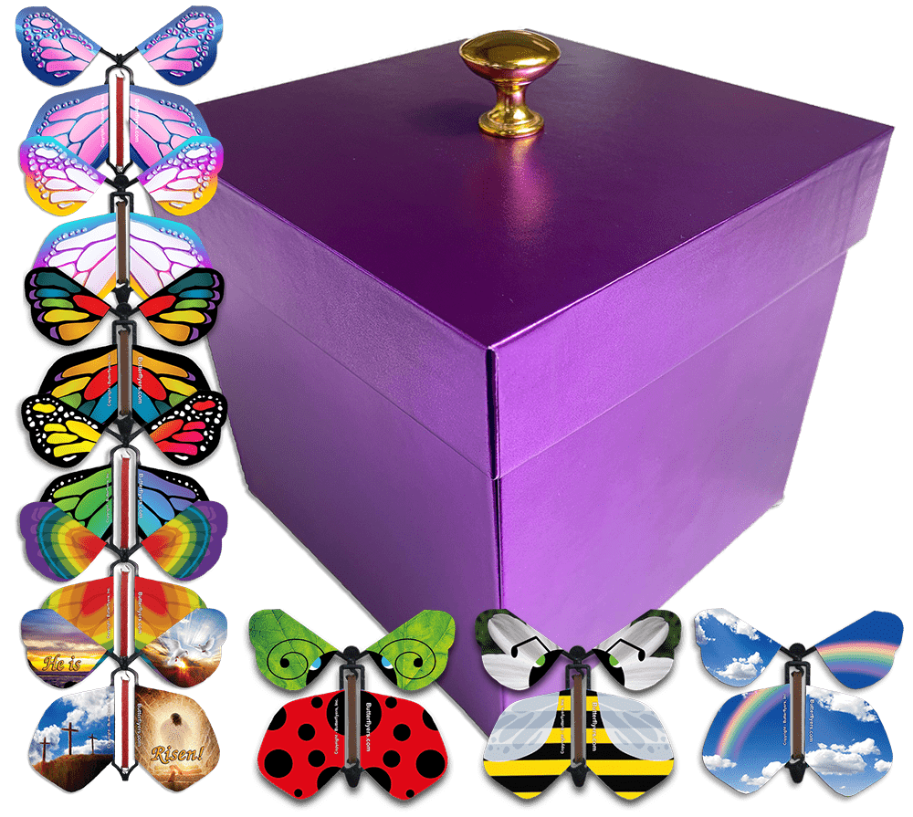 Purple Easter Exploding Butterfly Box With 4 Wind Up Flying Easter Butterflies from butterflyers.com