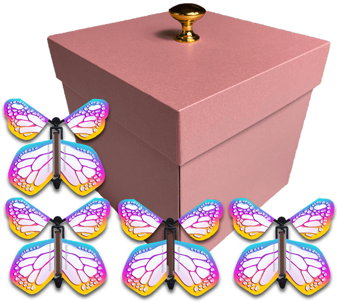 Pink Exploding Butterfly Gift Box With 4 Bismuth Color Wind Up Flying Butterflies from butterflyers.com