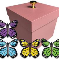 Pink Exploding Butterfly Gift Box With 4 Multi Color Monarch Wind Up Flying Butterflies from butterflyers.com