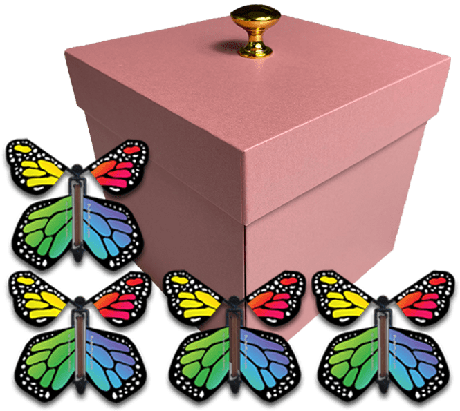 Pink Exploding Butterfly Gift Box With 4 Rainbow Monarch Wind Up Flying Butterflies from butterflyers.com