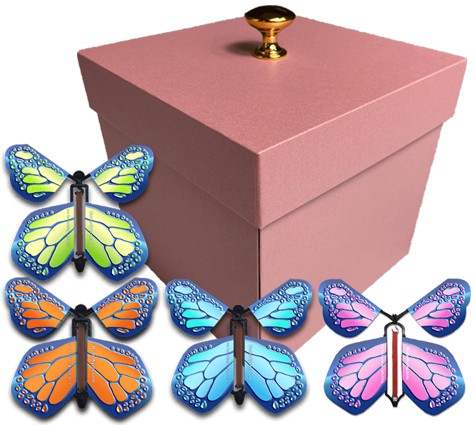 Pink Exploding Butterfly Gift Box With 4 Multi Cobalt Color Wind Up Flying Butterflies from butterflyers.com