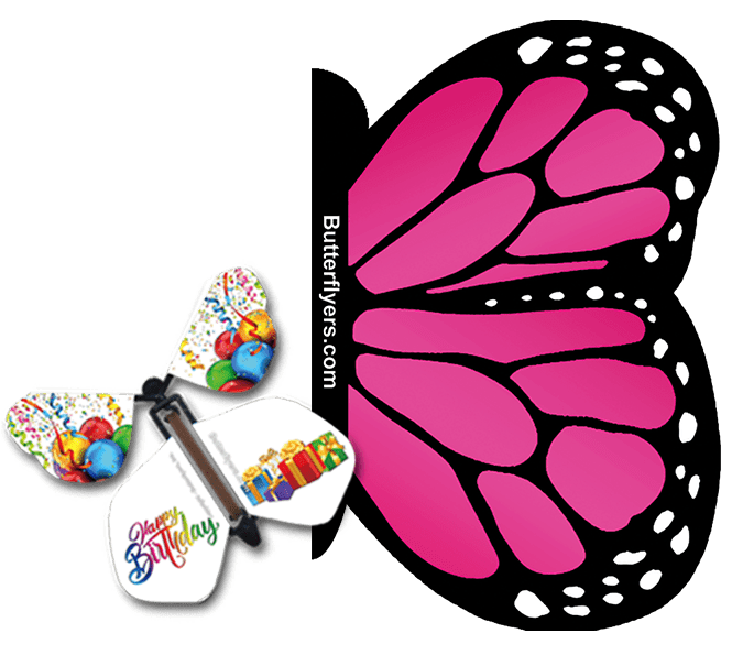 Pink Monarch Exploding Butterfly Card with Birthday Gifts wind up flying butterfly from butterflyers.com
