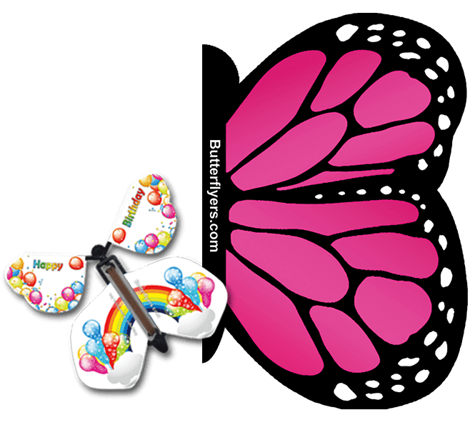 Pink Monarch Exploding Butterfly Card with Birthday Rainbow wind up flying butterfly from butterflyers.com
