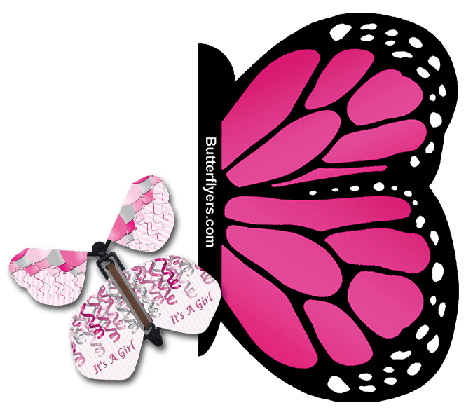 Pink Monarch Exploding Butterfly Card with It's A Girl wind up flying butterfly from butterflyers.com