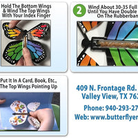 Instruction card for wind up flying butterfly from butterflyers.com