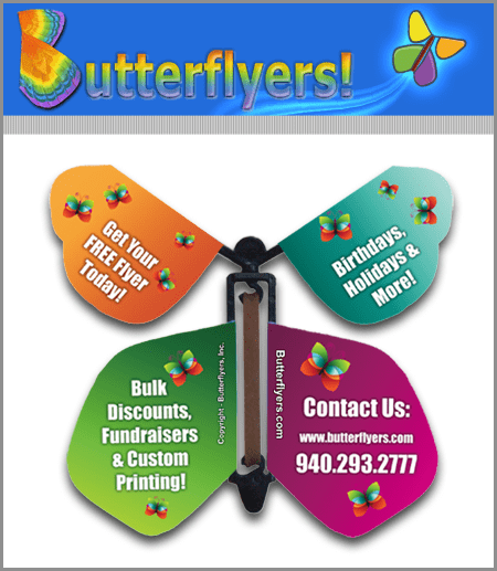 Custom Printed Wind Up Flying Butterfly For Greeting Cards or Promotions from Butterflyers.com