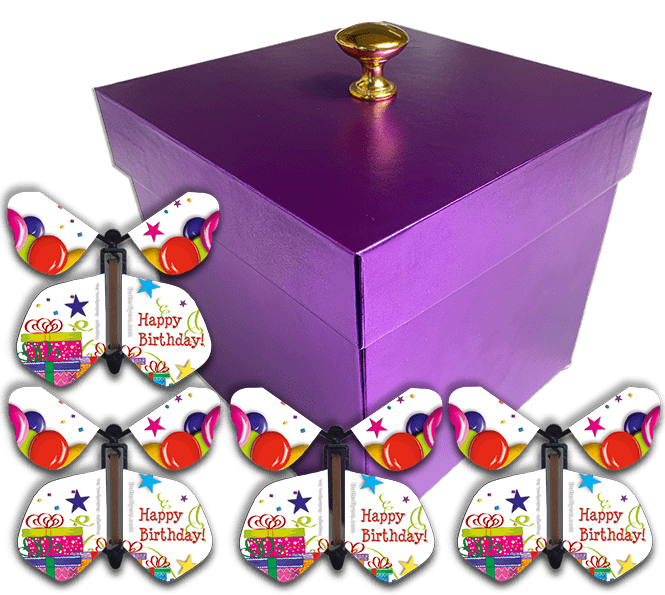 Purple Exploding Butterfly Birthday Box With 4 Birthday Balloons & Gift Wind Up Flying Butterflies from butterflyers.com