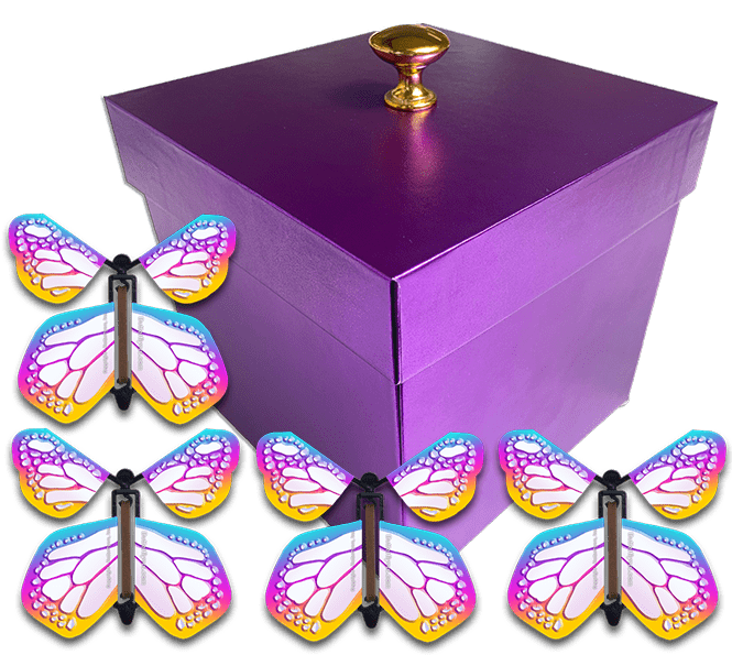 Purple Exploding Butterfly Gift Box With 4 Bismuth Color Wind Up Flying Butterflies from butterflyers.com