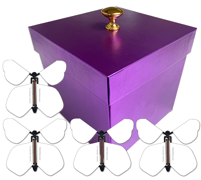 Purple Exploding Butterfly Birthday Gift Box With 4 Blank Wind Up Flying Butterflies from butterflyers.com
