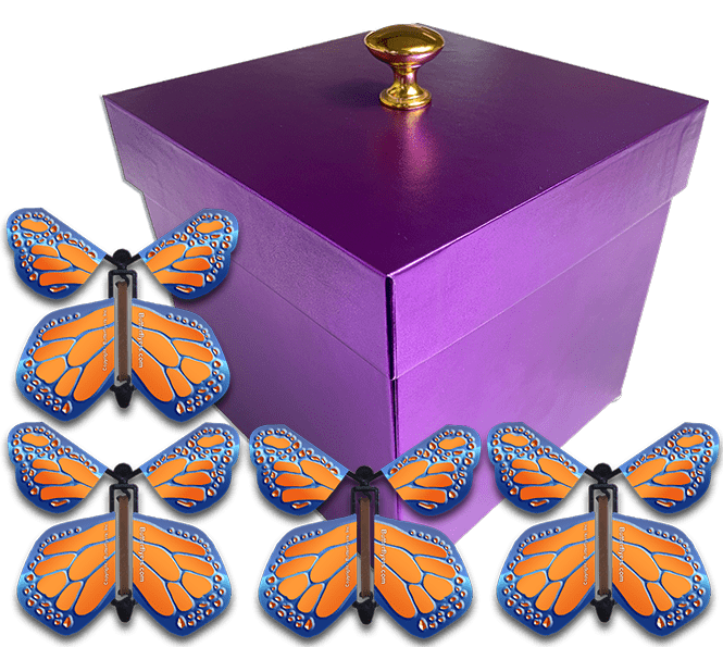 Purple Exploding Butterfly Gift Box With 4 Cobalt Orange Wind Up Flying Butterflies from butterflyers.com