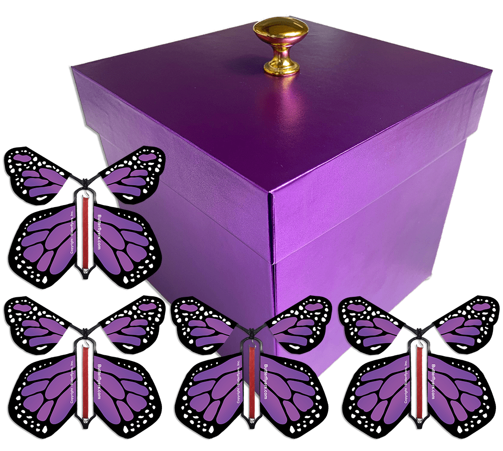 Purple Exploding Butterfly Gift Box With 4 Purple Monarch Wind Up Flying Butterflies from butterflyers.com