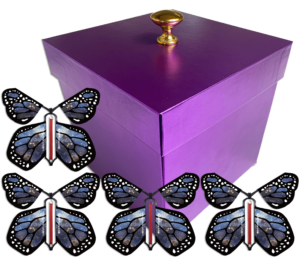 Purple Exploding Butterfly Gift Box With 4 White Monarch Wind Up Flying Butterflies from butterflyers.com