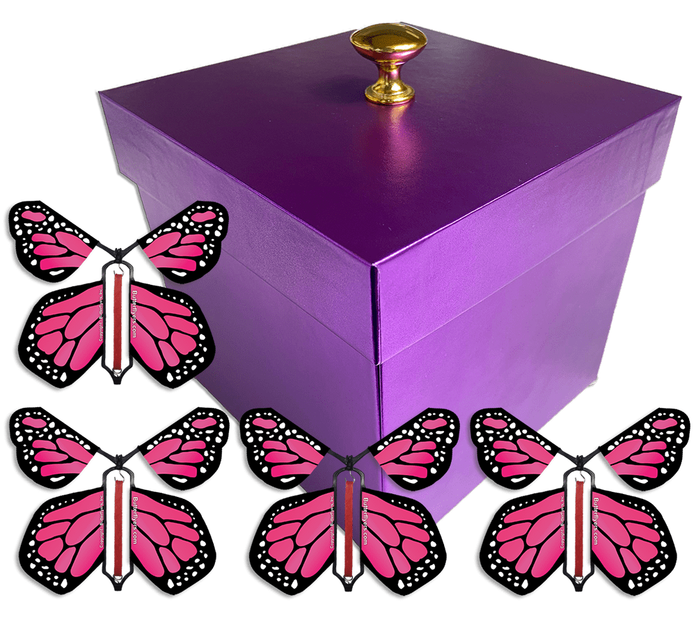 Purple Exploding Butterfly Gift Box With 4 Pink Monarch Wind Up Flying Butterflies from butterflyers.com