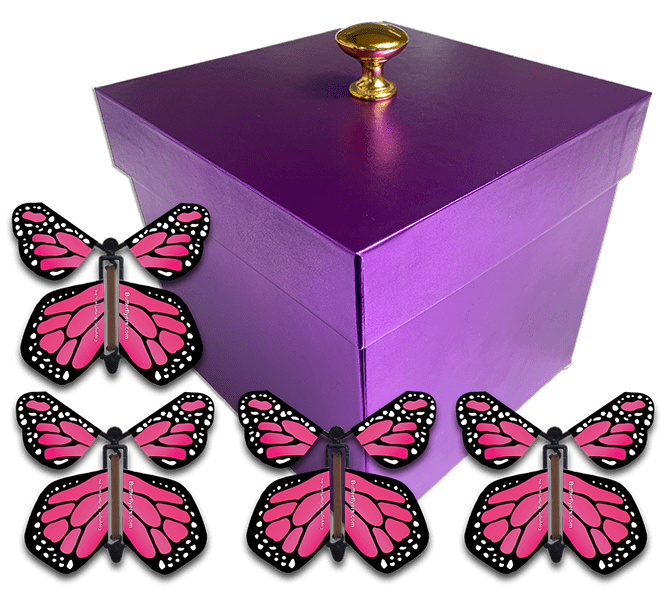 Purple Gender Reveal Exploding Box With Pink Monarch Flying Butterflies From Butterflyers.com