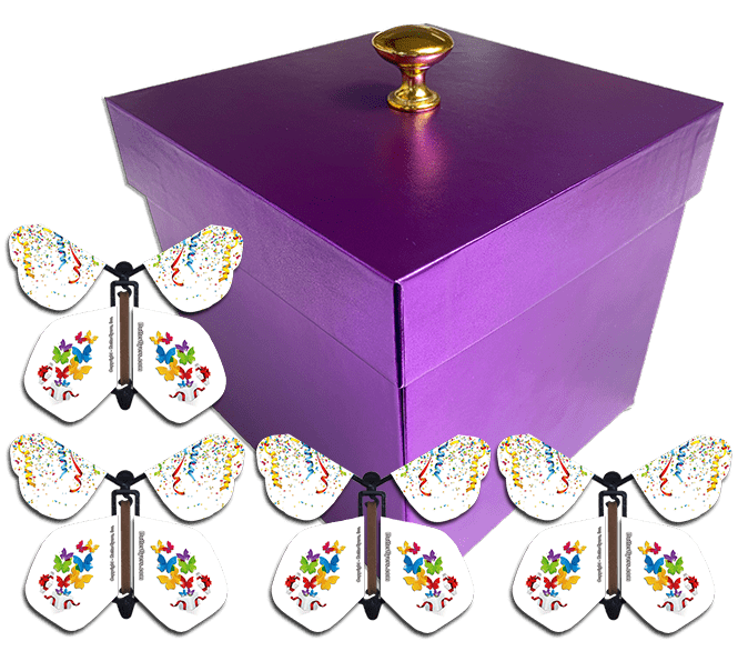 Purple Exploding Butterfly Birthday Gift Box With 4 Birthday Surprise Wind Up Flying Butterflies from butterflyers.com