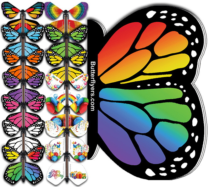 Rainbow Monarch Flying Butterfly Booklet with 5 flying butterflies from butterflyers.com