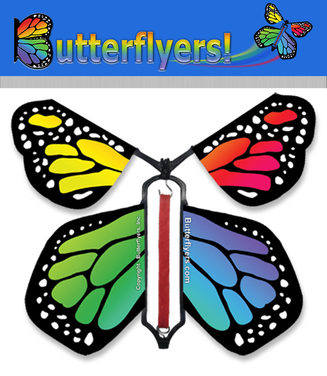 Packaged Rainbow Monarch Wind Up Flying Butterfly For Greeting Cards & Explosion Boxes by Butterflyers.com