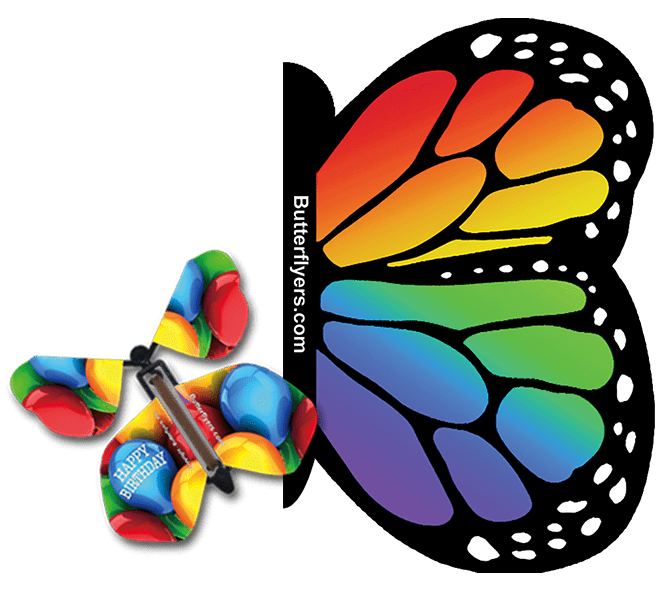 Rainbow Exploding Butterfly Card with Birthday Balloons wind up flying butterfly from butterflyers.com