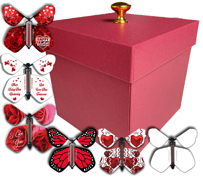 Red Valentines Day Exploding Butterfly Box With Wind Up Flying Butterflies