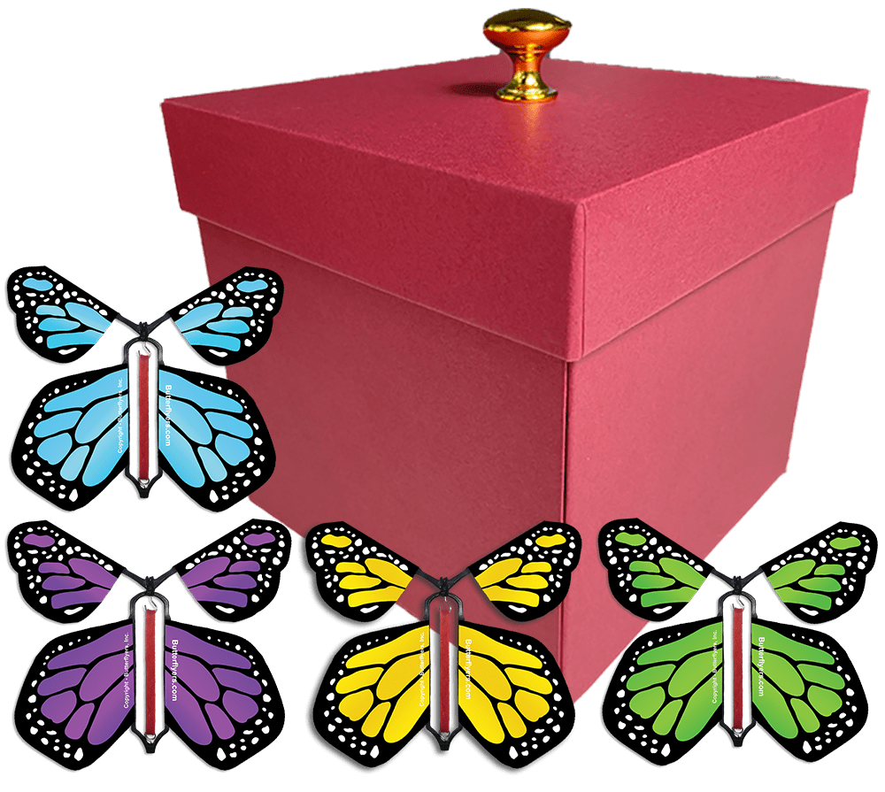 Red Exploding Butterfly Gift Box With 4 Multi Color Monarch Wind Up Flying Butterflies from butterflyers.com