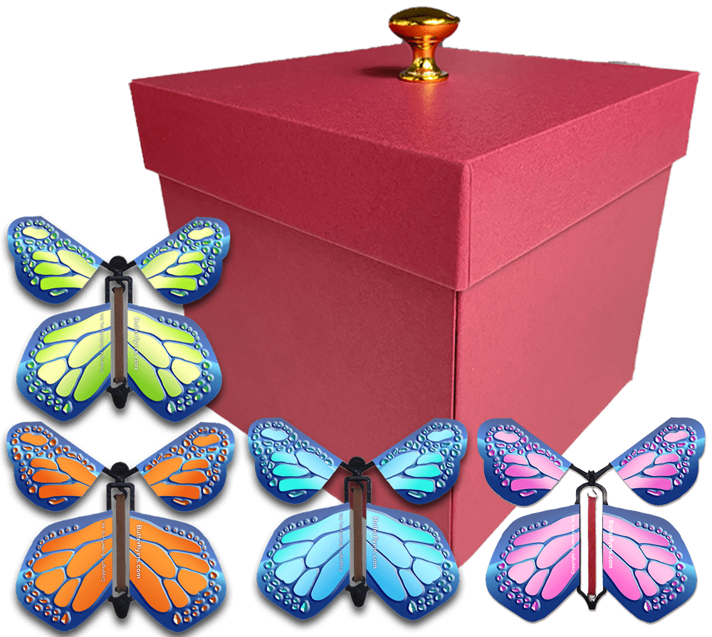 Red Exploding Butterfly Gift Box With 4 Multi Metal Color Wind Up Flying Butterflies from butterflyers.com
