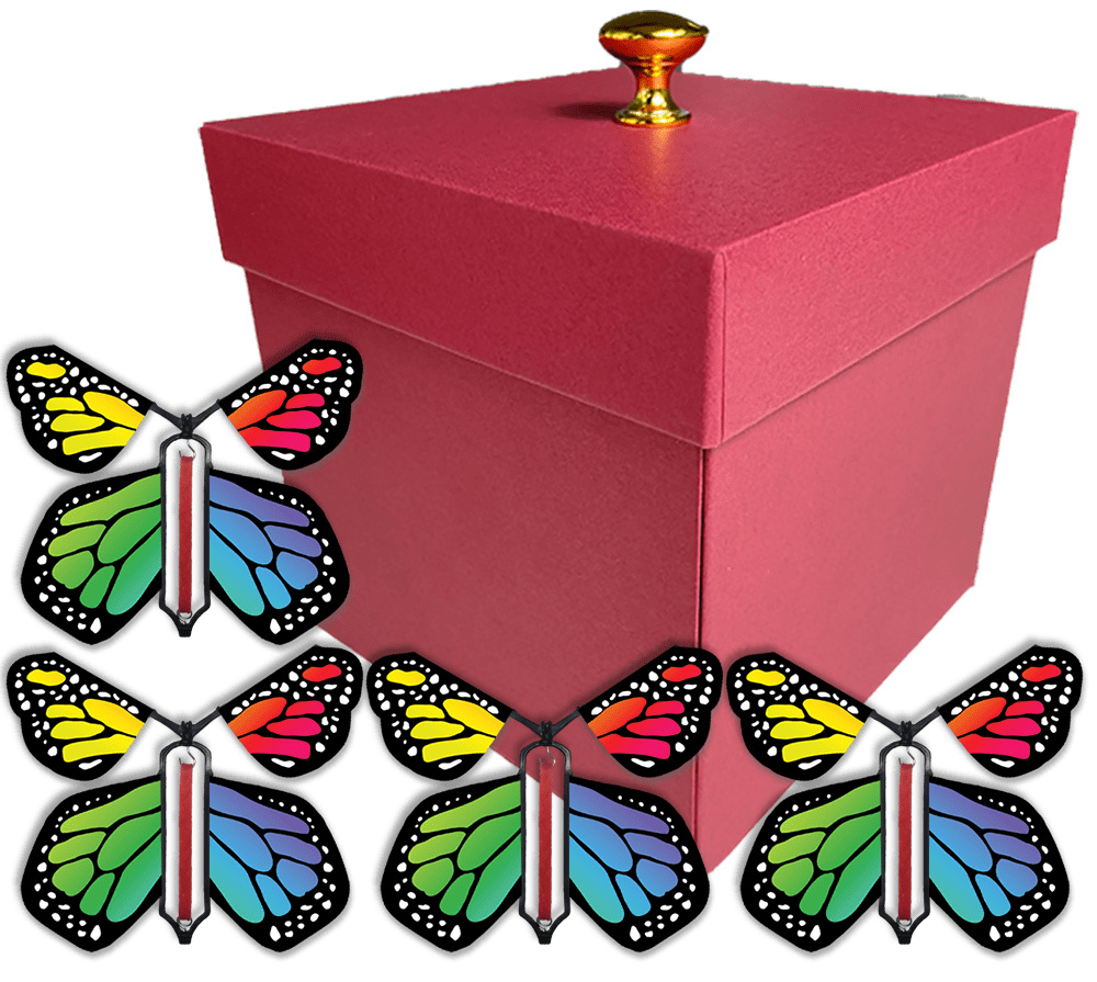 Red Exploding Butterfly Gift Box With 4 Rainbow Monarch Wind Up Flying Butterflies from butterflyers.com