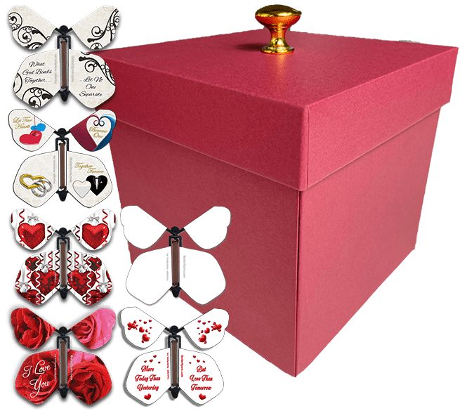 Red Exploding Butterfly Box With Wind Up Flying Wedding Butterflieserflyers.com